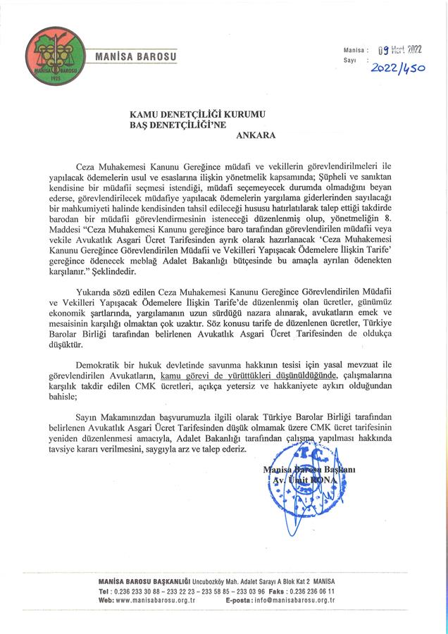 Kamu Denetçiliği Kurumu Baş Denetçiliğine Baro Başkanlığımızca yazılan yazı