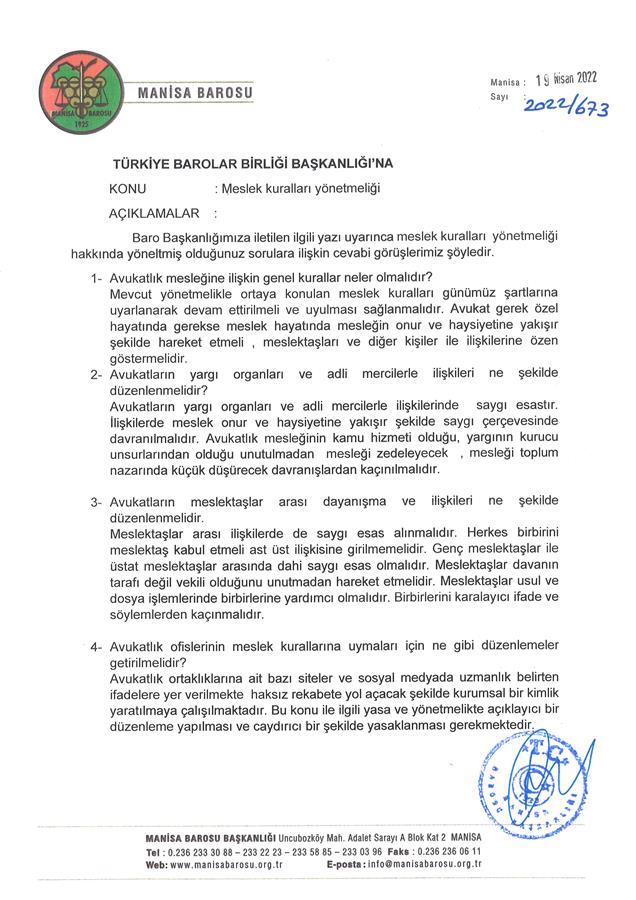 Meslek Kuralları Yönetmeliği ile ilgili Türkiye Barolar Birliği'ne sunulan görüş önerisi