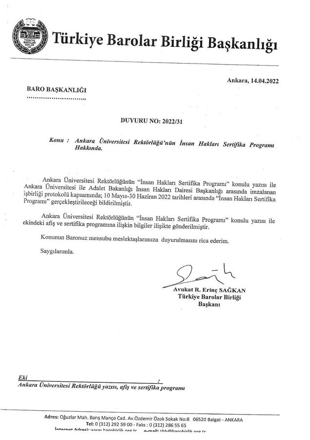 Duyuru 2022/31 Türkiye Barolar Birliği Duyurusu